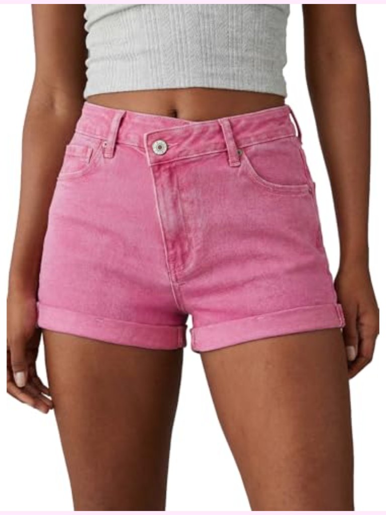 High Waisted Stretchy Crossover Denim Shorts With Rolled Hem